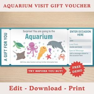 Editable Aquarium Gift Voucher Template, Aquarium Printable Gift Ticket Coupon, Surprise Trip Reveal, Underwater Sea Animals, Fishes Sharks