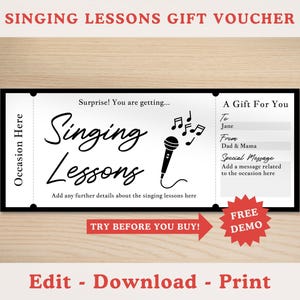 Plantilla de vale de regalo para lecciones de canto editable, vale de regalo imprimible, cupón para lecciones de canto, clases de música vocal, regalo sorpresa para cualquier ocasión