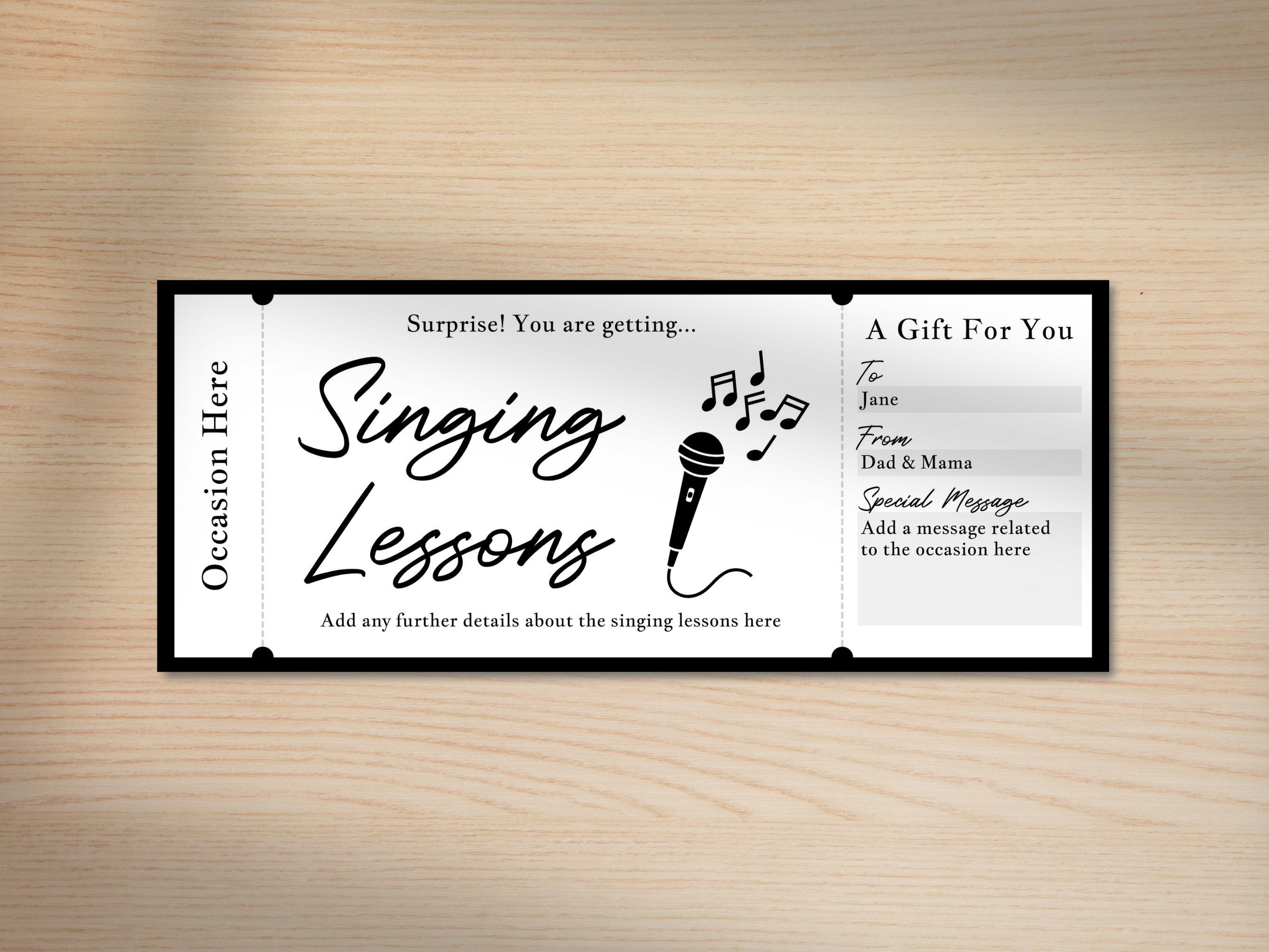 Voice Lessons Invites Editable Singing Lessons Gift Voucher Template, Printable Gift Ticket ...