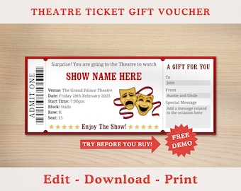 May include: A red and white printable theatre ticket gift voucher with the text "Show Name Here" and "Enjoy The Show!"  The voucher has a barcode, a section for the recipient's name, and a section for a special message.  The voucher also has a free demo button.