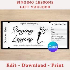 Op de afbeelding: Een zwart-witte cadeaubon voor zanglessen. De bon bevat de tekst "Singing Lessons" met een microfoongrafiek en muzieknoten. Er is ook ruimte om een speciale boodschap toe te voegen.