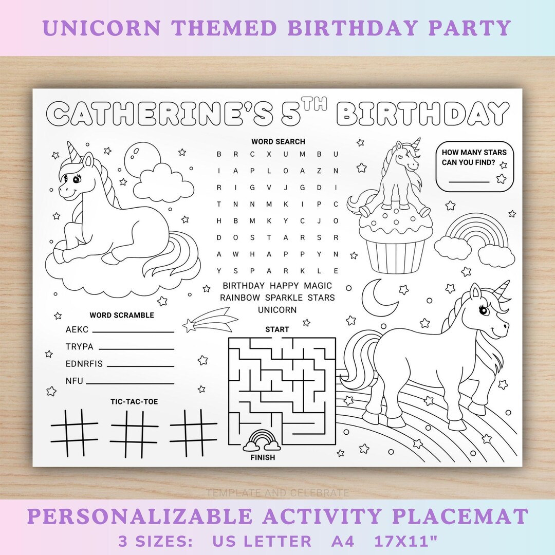 Unicorn Birthday Activity Placemat, Editable Unicorn Coloring Placemat ...