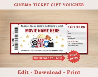 May include: A red and white movie ticket gift voucher with a cartoon image of popcorn, 3D glasses, and a movie clapper. The voucher says "Surprise! You are going to the Cinema to watch MOVIE NAME HERE" and "A GIFT FOR YOU". It also includes fields for "To", "From", and "Special Message".
