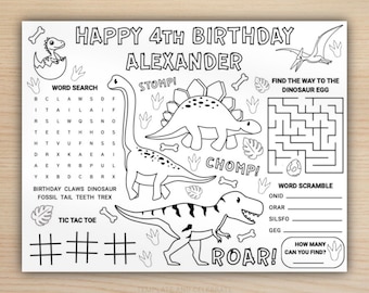 Peut inclure: Nappe d'activité sur le thème des dinosaures en noir et blanc avec le texte "Dinosaur Birthday Party" et "Happy 4th Birthday Alexander." Comprend des jeux de recherche de mots, de labyrinthe, de morpion et de mots mélangés. Mesure 43x28 cm.