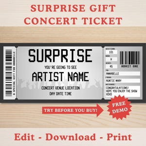 Bearbeitbare Konzertkartenvorlage, druckbare Konzertkarte, Überraschungsmusikevent-Geschenkgutschein, Benutzerdefinierte DIY Gig Tickets, Print At Home
