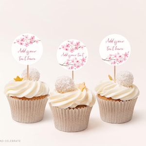 Bearbeitbare Kirschblüten Cupcake Toppers, Druckbare Sakura Cupcake Toppers Vorlage, Rosa Frühlingsblumen Cupcake Dekoration, Party Favors C101