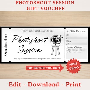 Bearbeitbare Foto-Session-Geschenkgutscheinvorlage, druckbarer Geschenkkartencoupon, Fotografie-Familienfotos, Überraschungsgeschenk für jeden Anlass
