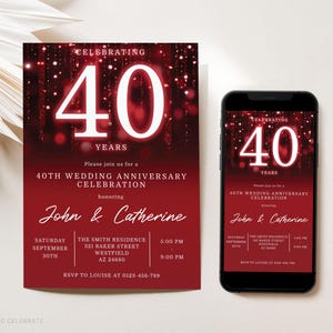 Editable 40th Anniversary Invitation Template, Printable 40th Wedding Anniversary Invite, Ruby Anniversary, 40 Years Black & Red Invite