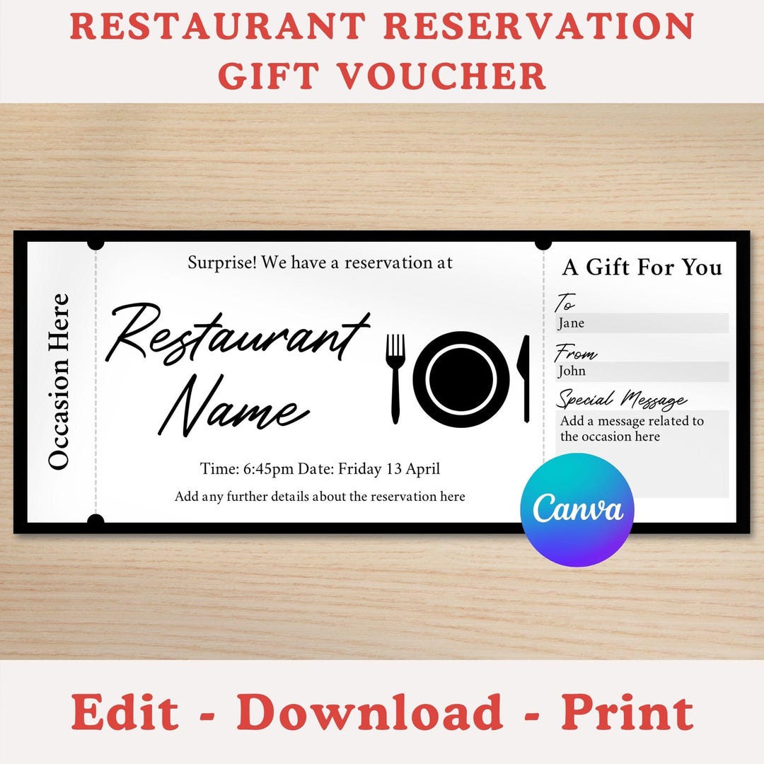 Editable Restaurant Reservation Gift Voucher Template, Surprise Meal ...
