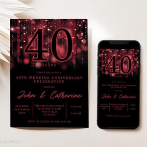 Editable 40th Anniversary Invitation Template, Printable 40th Wedding Anniversary Invite, Ruby Anniversary, 40 Years Black & Red Invite
