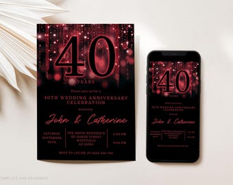 Editable 40th Anniversary Invitation Template, Printable 40th Wedding Anniversary Invite, Ruby Anniversary, 40 Years Black & Red Invite