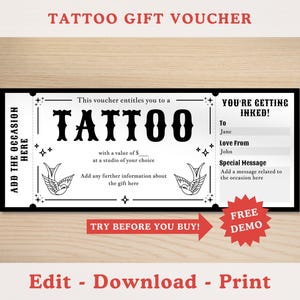 Editable Tattoo Gift Voucher Template, Printable Tattoo Coupon Ticket, Surprise Tattoo Gift for Any Occasion, Tattoo Gift Certificate