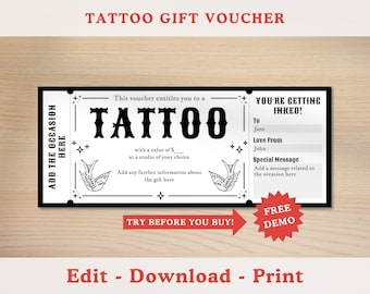May include: A black and white printable gift voucher for a tattoo. The voucher features a stylised tattoo design with a swallow bird and stars. The text on the voucher reads "You're getting inked!" and "Add the occasion here".
