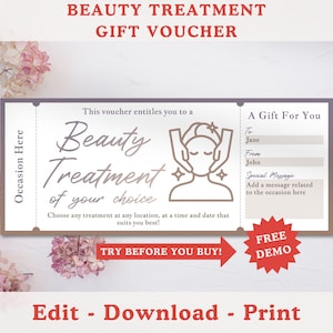 Editable Beauty Treatment Gift Voucher Template, Medi Spa Printable Gift Voucher, Beauty Salon Coupon, Surprise Gift Ticket Brow Lash Facial