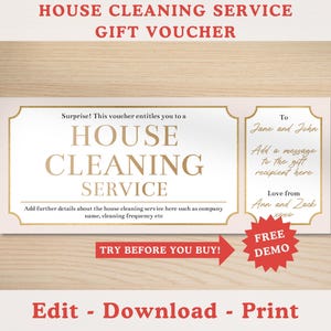 Op de afbeelding: Een roze en gouden cadeaubon voor een huishoudelijke schoonmaakservice. De bon bevat de tekst "HOUSE CLEANING SERVICE" in gouden letters. De bon bevat ook de tekst "TRY BEFORE YOU BUY!" in rode letters. De bon heeft een rode ster met de tekst "FREE DEMO" in witte letters.