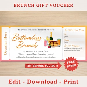 Plantilla editable de vale de regalo para brunch sin límite, cupón de vale de regalo imprimible, brunch con prosecco, almuerzo con champán, regalo para cualquier ocasión para ella