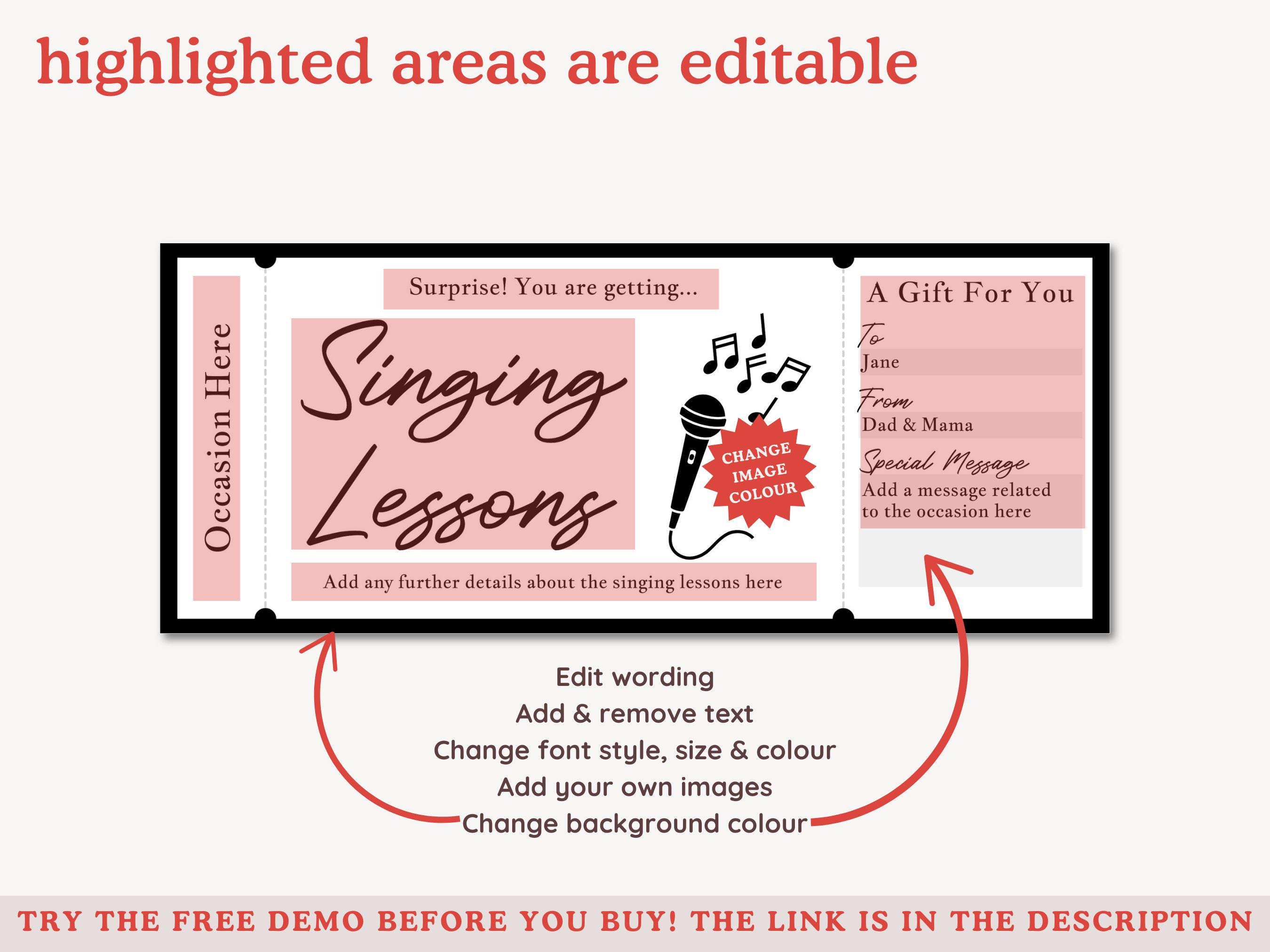 Singing Lessons Gift Editable Singing Lessons Gift Voucher Template, Printable Gift Ticket ...