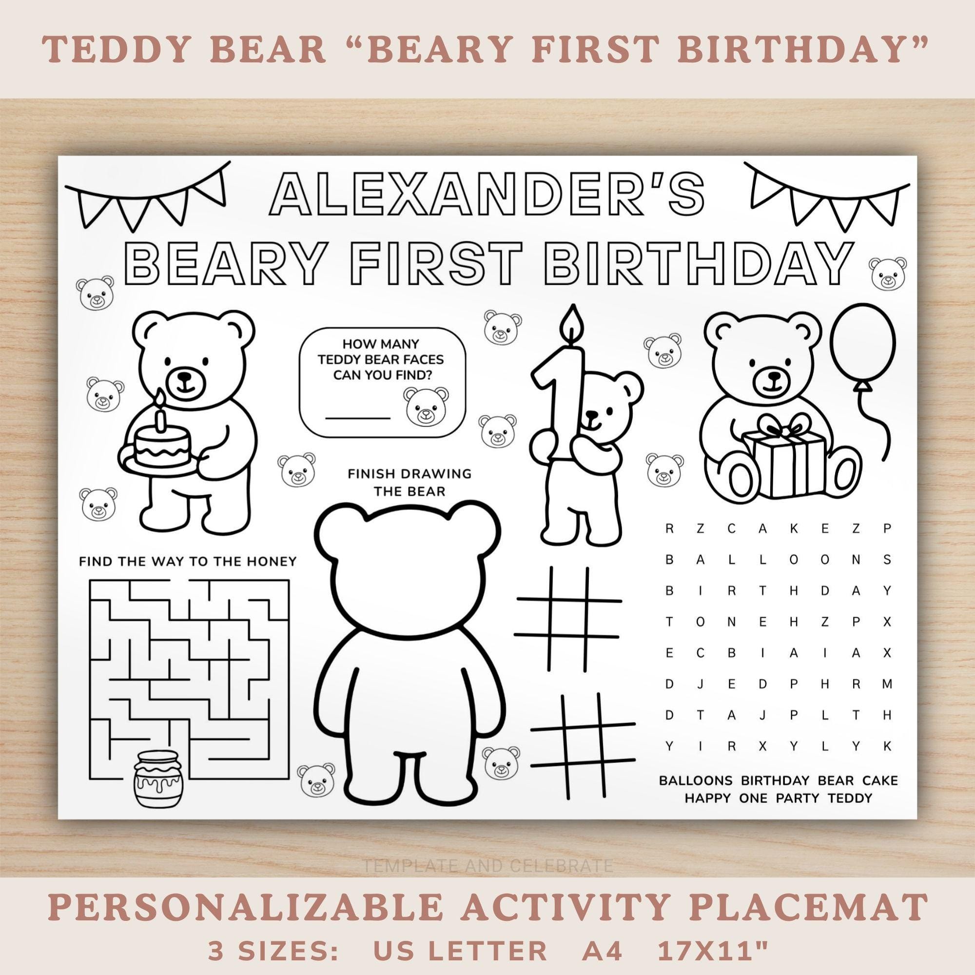 38 Un-BEAR-lievable Crafts: Engaging and Easy DIY Projects for Kids 22 Beary First Birthday Activity Placemat, Editable Teddy Bear 1st…