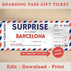 Editable Boarding Pass Template, Printable Surprise Trip Gift Ticket, DIY Custom Fake Plane Ticket, Surprise Vacation Reveal Gift Voucher
