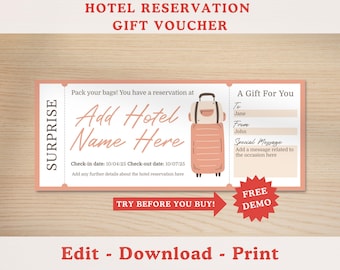 Editable Hotel Reservation Gift Voucher Template, Printable Gift Ticket, Hotel Staycation, Hotel Stay, Weekend Away, Surprise Vacation Trip