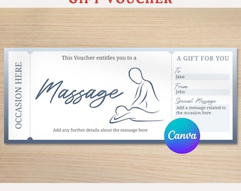 Puede incluir: Un vale de regalo de masaje blanco con detalles azules. El vale incluye la palabra "Masaje" en letra cursiva, un dibujo lineal de una persona recibiendo un masaje y espacio para un mensaje especial.
