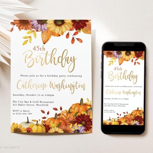 Editable Fall Floral Birthday Invitation Template, Printable Pumpkin & Flowers Invitation, Autumn Leaves Birthday Digital Invite F101