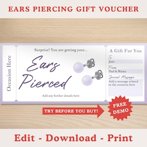 Editable Ears Pierced Gift Voucher Template, Ear Piercing Printable Gift Ticket Coupon, Any Occasion Surprise Gift For Daughter, Earrings