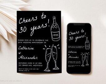 Editable 30th Anniversary Invitation Template, Printable 30th Wedding Anniversary Invite, Pearl Anniversary, Cheers To 30 Years Invite