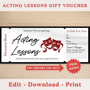 Może przedstawiać: Drukowany szablon vouchera na lekcje aktorstwa. Voucher ma czerwony i biały projekt z dwiema maskami teatralnymi i tekstem "Acting Lessons". Voucher zawiera miejsce na wpisanie imienia odbiorcy, imienia osoby wręczającej i specjalnej wiadomości.