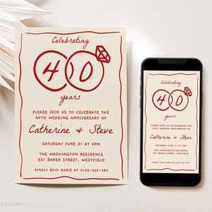 Editable 40th Anniversary Invitation Template, Printable 40th Wedding Anniversary Invite, Ruby Anniversary, Whimsical Invitation, 40 Years