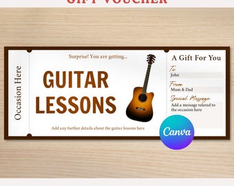 May include: A guitar lessons gift voucher with brown text and a guitar illustration. The voucher includes fields for the recipient's name, sender's name, and a special message. The text reads "Guitar Lessons" and "Gift Voucher".