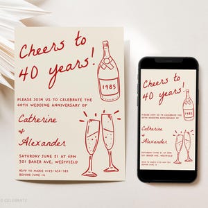 Editable 40th Anniversary Invitation Template, Printable 40th Wedding Anniversary Invite, Ruby Anniversary, Cheers To 45 Years Invite