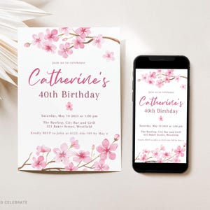 Editable Cherry Blossom Birthday Invitation, Printable Sakura Birthday Digital Invitation, Pink Spring Floral Birthday Invite Template C101