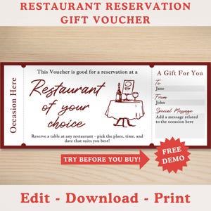 Editable Restaurant Reservation Gift Voucher Template, Printable Gift Voucher, Surprise Meal, Dinner Date, Any Occasion Last Minute Gift