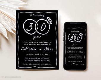 Editable 30th Anniversary Invitation Template, Printable 30th Wedding Anniversary Invite, Pearl Anniversary, 30 Years Black & White Invite