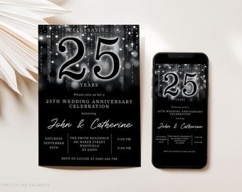 Modello di invito per il 25° anniversario modificabile, invito stampabile per il 25° anniversario di matrimonio, anniversario d'argento, invito nero e argento per 25 anni