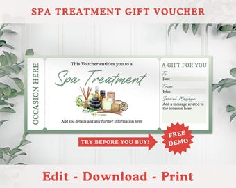 Może przedstawiać: Prostokątny bon upominkowy na zabieg spa z akwarelową ilustracją artykułów spa, w tym kamieni, świec i olejków. Tekst zawiera napisy SPA TREATMENT GIFT VOUCHER, This Voucher entitles you to a Spa Treatment, A GIFT FOR YOU oraz TRY BEFORE YOU BUY.