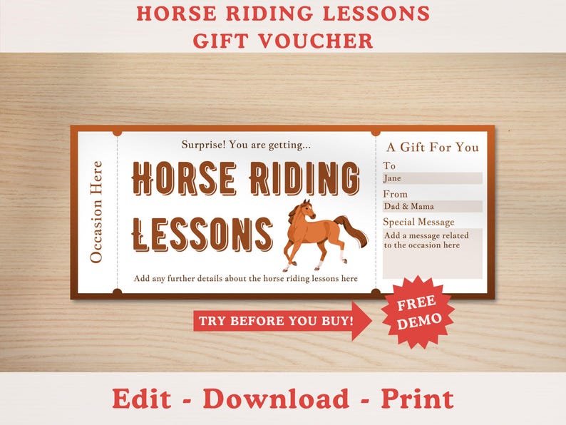 Editable Horse Riding Lessons Lessons Gift Voucher Template, Printable ...