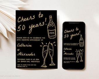 May include: A black invitation card and a smartphone displaying the same design, both featuring gold hand-drawn illustrations of a champagne bottle labeled 1975 and two clinking glasses, with the text Cheers to 50 years for Catherine and Alexander.