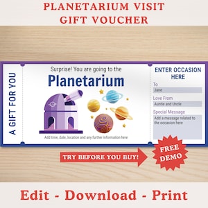 Bearbeitbare Planetarium Geschenkgutschein-Vorlage, Sternwarten-Weltraummuseum druckbare Geschenkkarten-Coupon, Astronomie-Geschenke, Überraschungsreise enthüllen