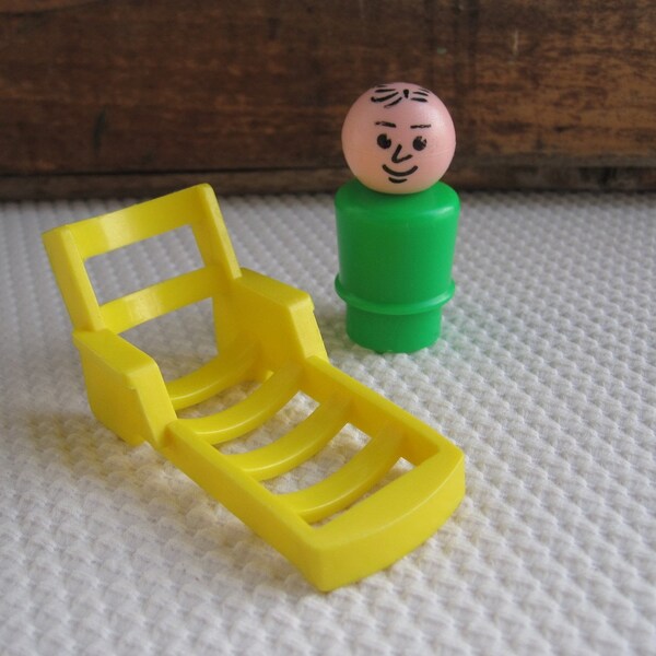Vintage Fisher Price Little People Yellow Beach Lounge Chair and Green Man