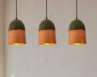 Set of 3 Oxidized Copper Pendant Lights,Handcrafted Green Patina Ceiling Lamps,Rustic Farmhouse & Modern Dining Lighting