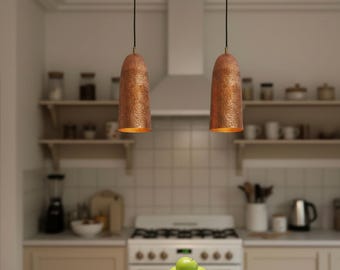 Set of 2 Copper Pendant Lights - Handcrafted Hammered Copper Kitchen Island Lighting - Vintage Farmhouse Lampshades for Dining Room