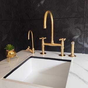 Vintage Brass Bridge Kitchen Faucet - Antique Style - Solid Brass Construction - Classic Sink Fixture - Kitchen Sink Faucet