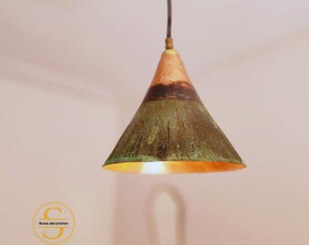 Handmade Hammered Copper Pendant Light - Oxidized Green Patina - Rustic Moroccan Artisan Lighting - Adjustable Farmhouse/Industrial Decor