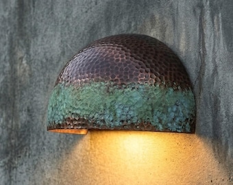 Oxidized Hammered Copper Dome Wall Sconce, Green Patina Outdoor Light, Rustic Indoor Outdoor Fixture