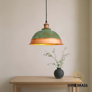 Green Patina Copper Pendant Light, Oxidized Dome Ceiling Lamp, Rustic Industrial Vintage Lighting.
