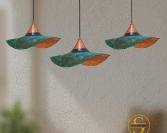 Set van 3 koperen hanglampen met platte koepel, groen patina geoxideerde plafondlamp, rustieke moderne keukeneilandverlichting