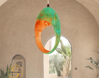 Handcrafted Oxidized Copper Pendant Light – Green Patina Farmhouse Hanging Lamp | Rustic Industrial Lighting for Kitchen & Dining Room