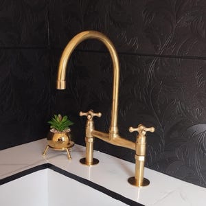 Unlacquered Brass Kitchen Faucet, Solid Brass Kitchen Faucet,Brass Sink Fixture, Solid Brass Bridge Kitchen Sink Faucet,8 inches spread